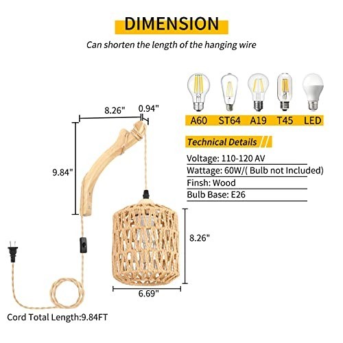 Plug In Wall Sconces Set of Two Hand Woven Rattan Boho Farmhouse Wood Plug In