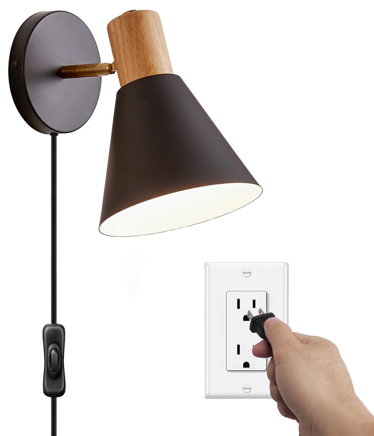 1 PCS Black Wooden Plug In Wall Sconce Adjustable Bedside Lighting Fixture