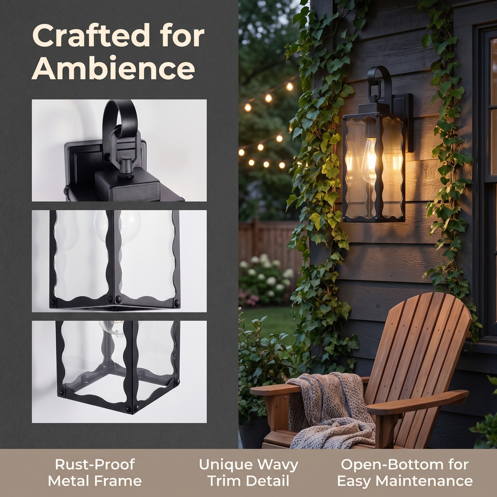 2 Pack 15″ Outdoor Black Wall Light Glass Porch Exterior Mount Sconce Fixture