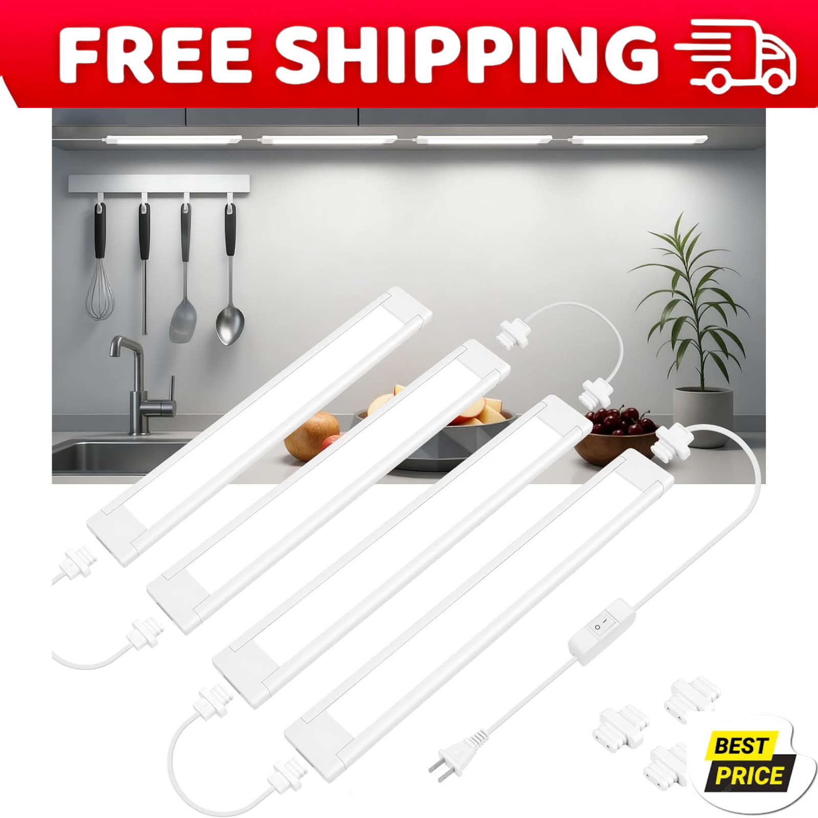 under Cabinet Lighting Plug In, 4 Pcs 14 Inch Linkable Ultra Bright LED Light Ba