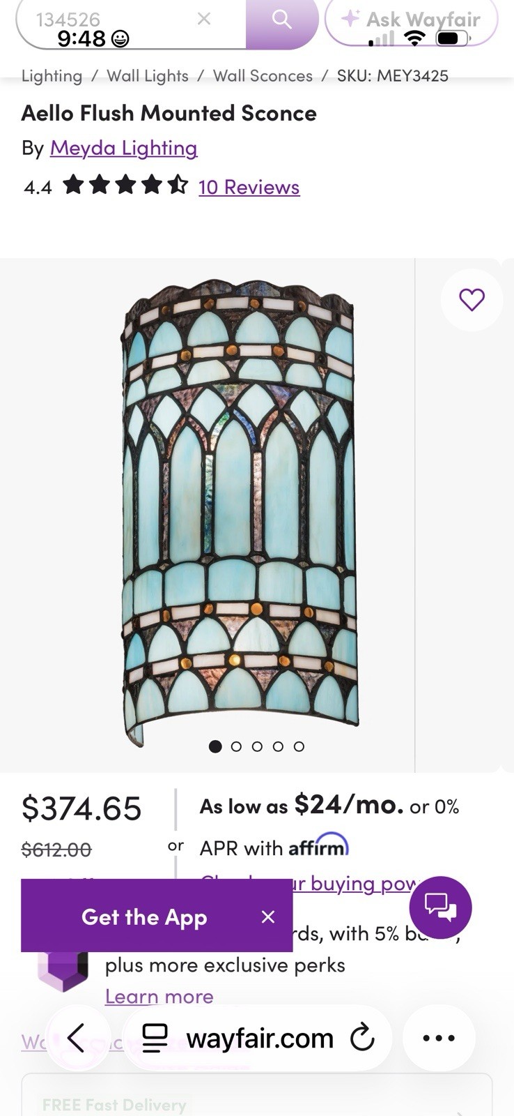Meyda Lighting Aello Tiffany Wall Sconce Wall Mounted Indoor Corded Blue Glass