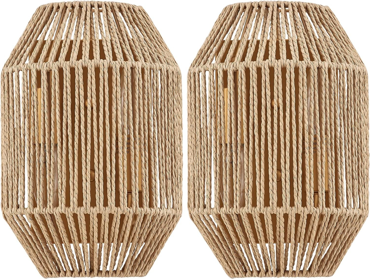 Natural Rattan Wall Sconce Set of 2 with Boho Woven Wicker Shade Antique Brass B