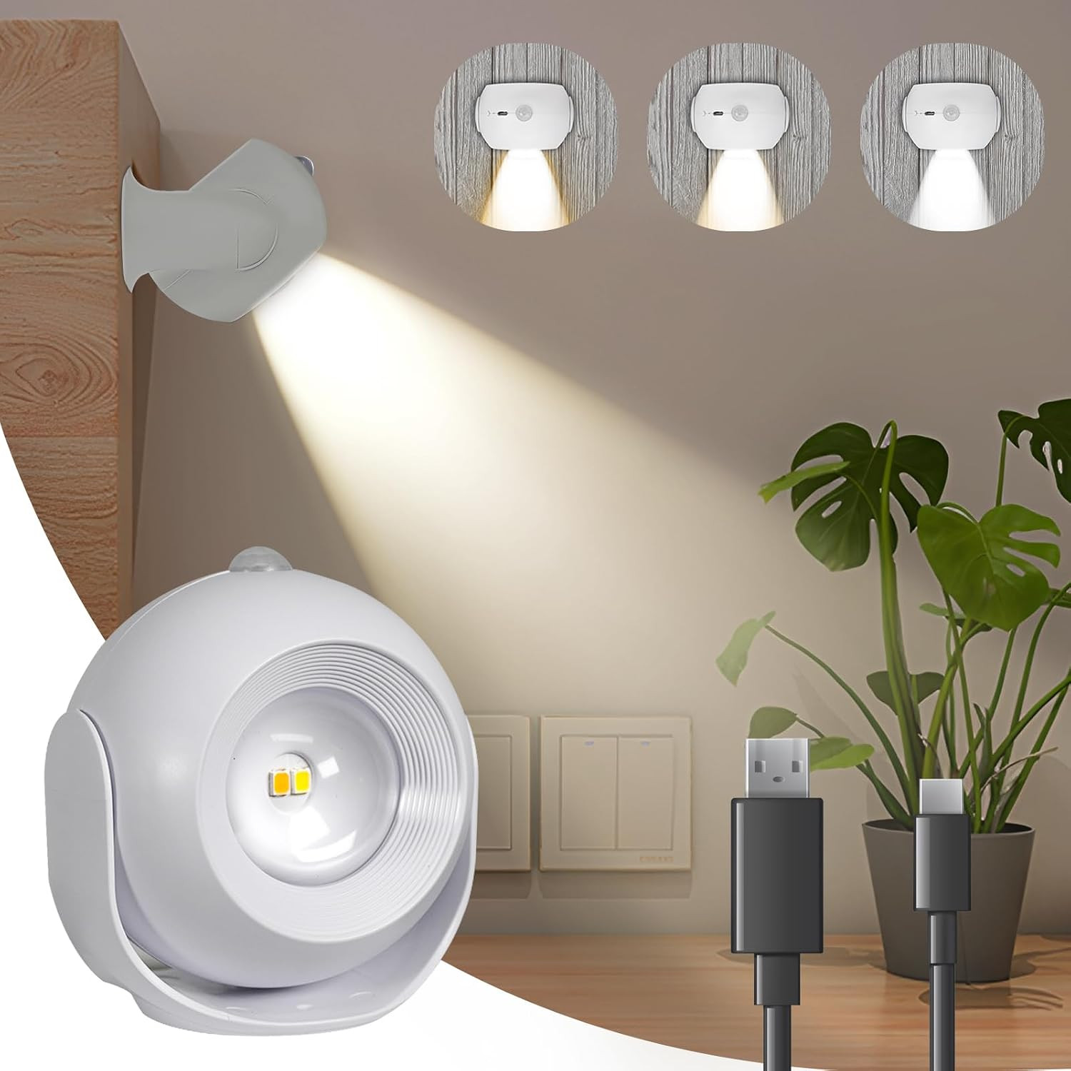 Rotatable LED Motion Sensor Wall Sconce, Dimmable & Rechargeable Night Light