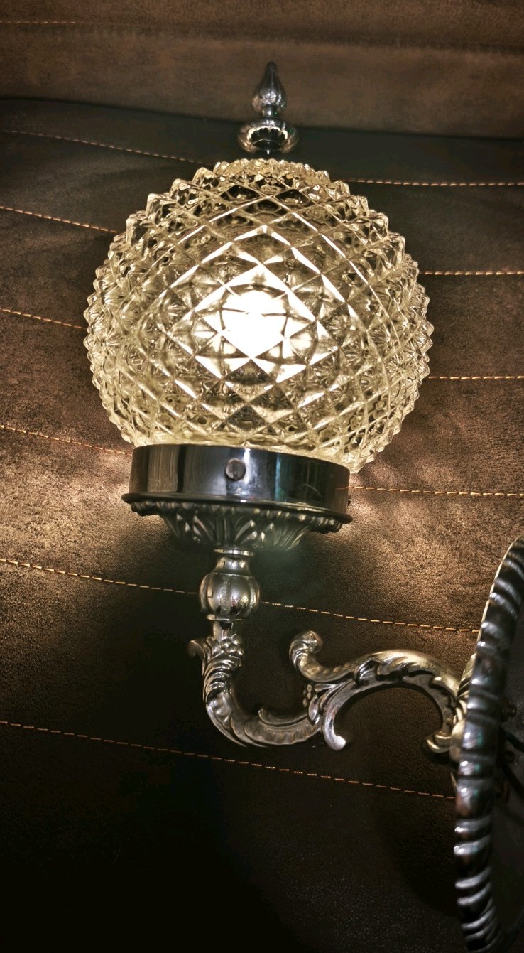 Vintage Wall Sconce Pair 1960s Glass Globe Lights Diamond Cut Chrome.