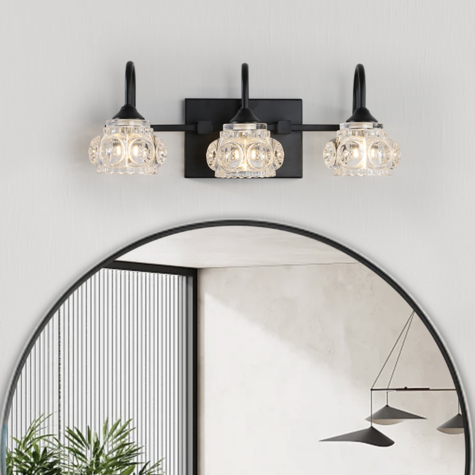 17″ 3 Lights Vanity Light Crystal Wall Lamp Bathroom Mirror Black Modern Fixture