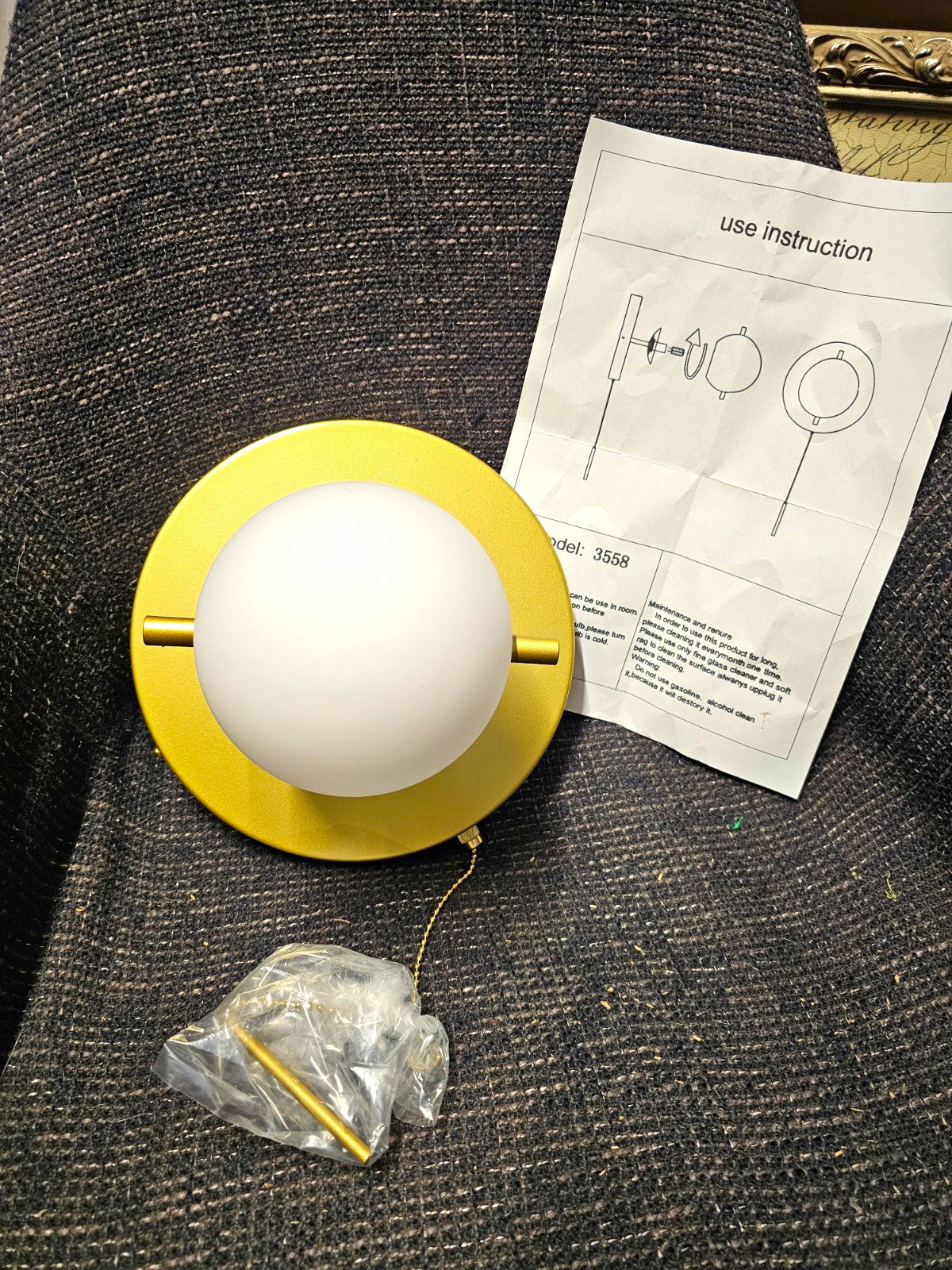 Set Of 2 Gold & White Round Wall Sconce Pull Chain Light w/ Globe – New In Box
