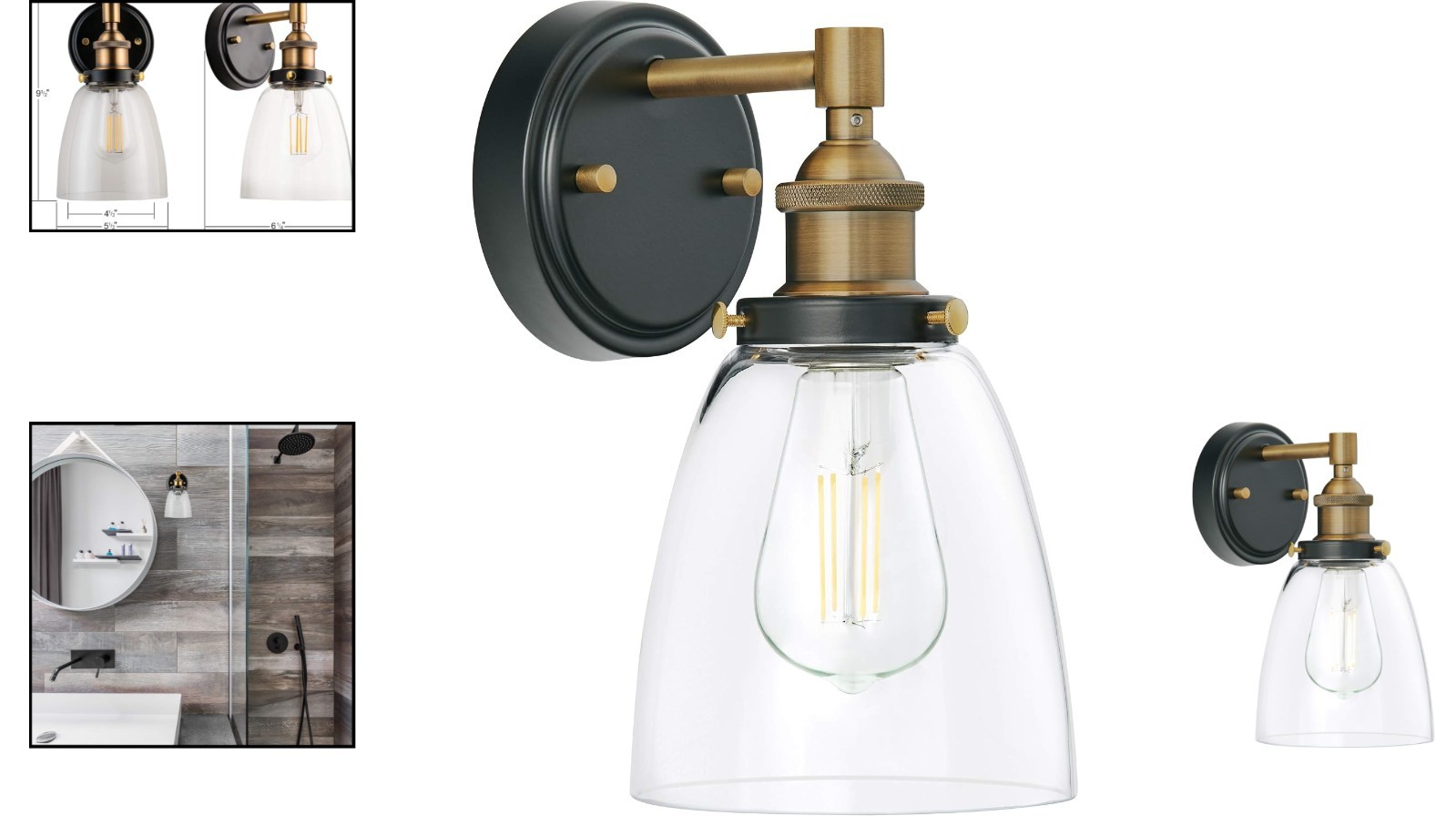 Contemporary Matte Black & Gold Wall Sconce with Clear Glass Shade for Elegance