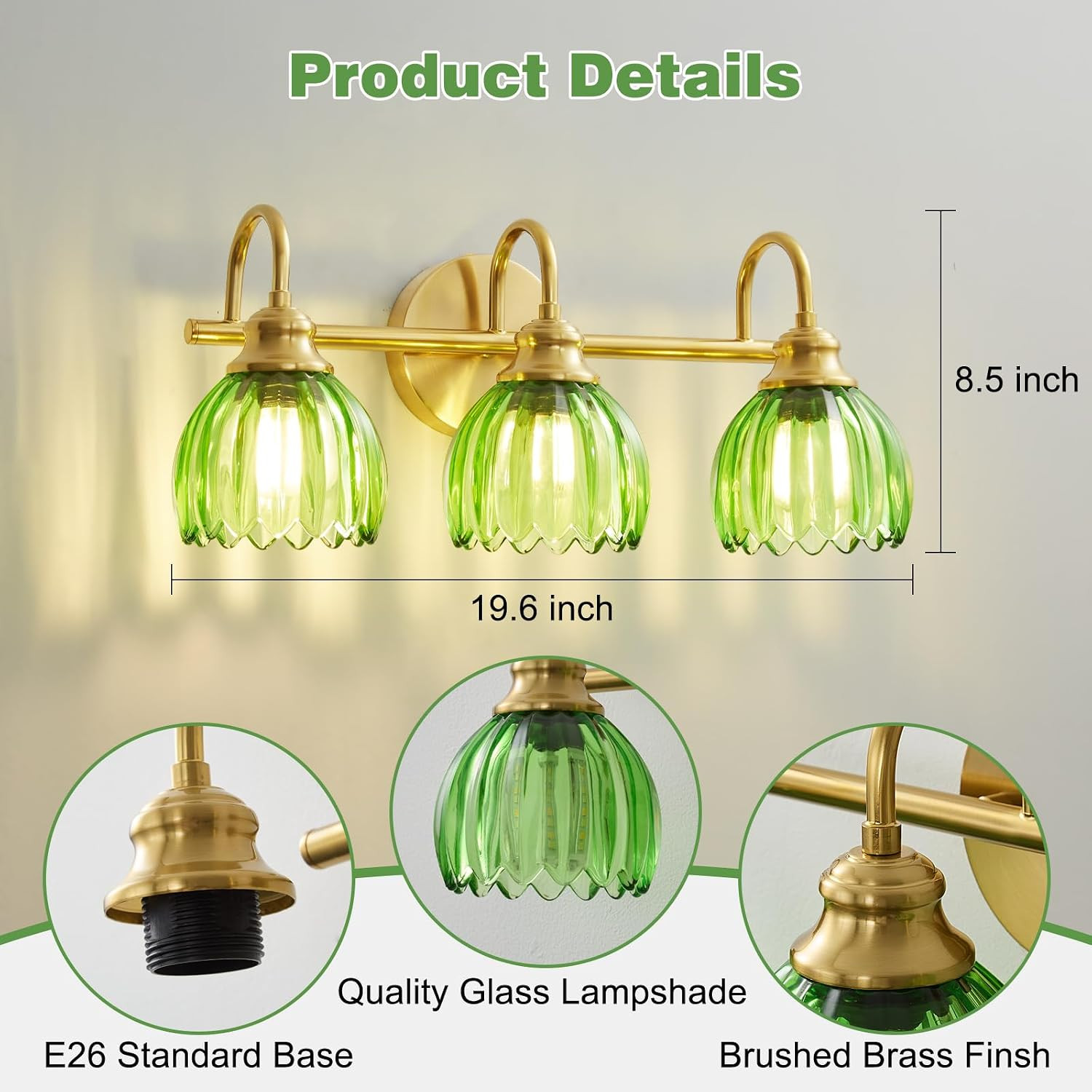 Vintage Bathroom Light Fixtures Gold, 3 Light Vanity Light with Green Glass Shad