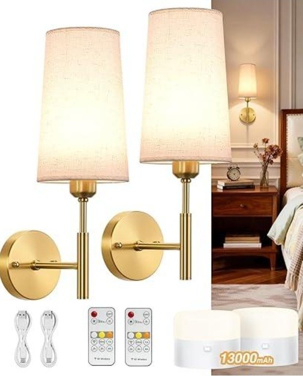 Battery Operated Wall Sconce Set of 2, Rechargeable Gold Wall Lights w/ Linen Sh