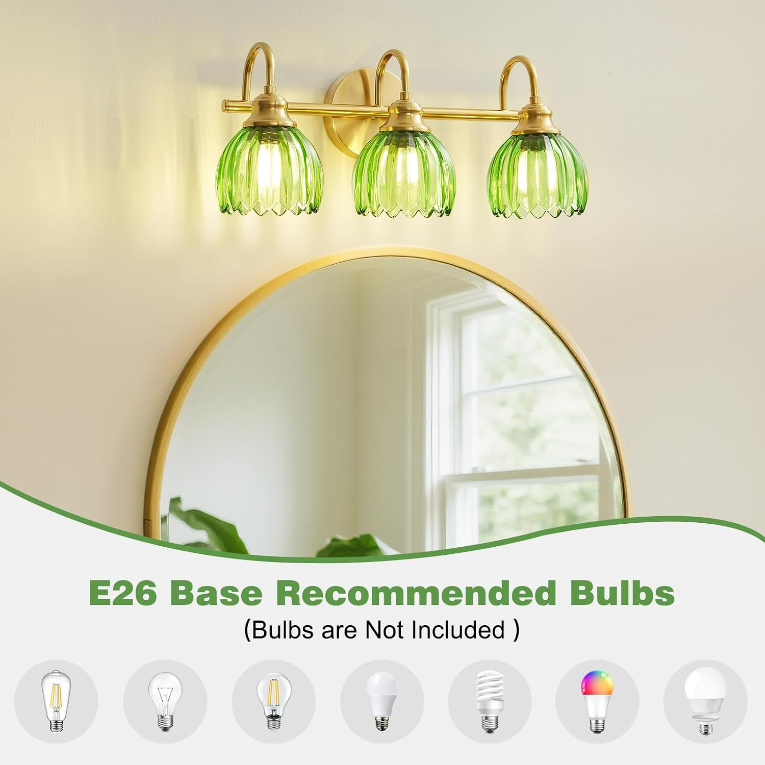 Vintage Bathroom Light Fixtures Gold, 3 Light Vanity Light with Green Glass Shad