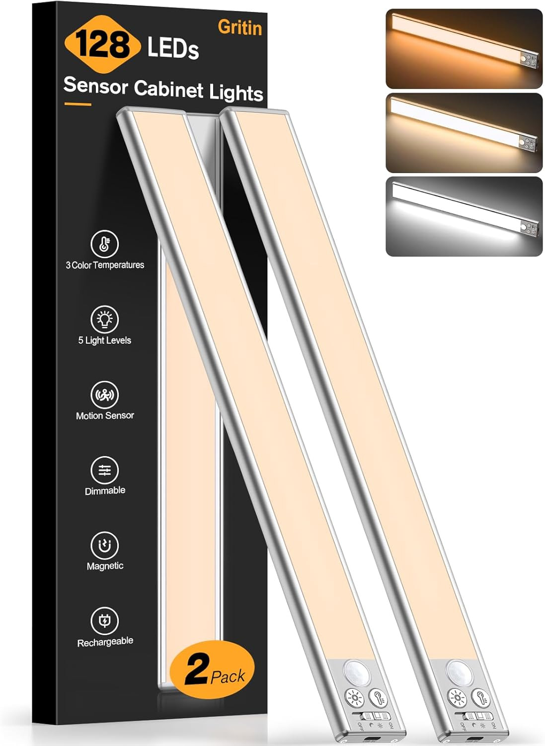 Gritin 14.7Inch under Cabinet Lighting Rechargeable 2 Pack | 3 Color Temps & 5 B