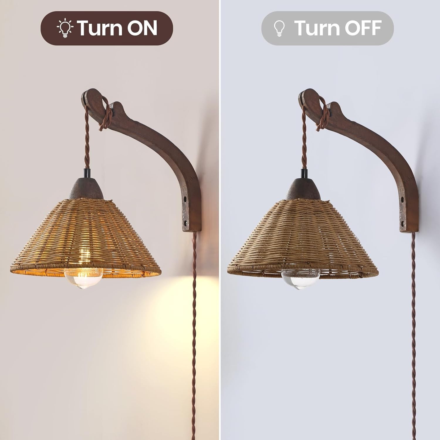 Plug in Wall Sconce with Rattan Shade – Dark Wood & Natural Boho Wall Lamp