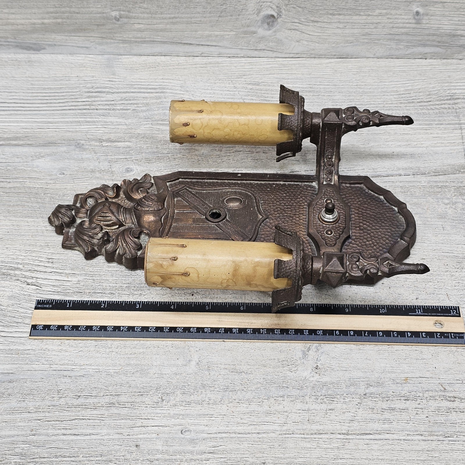 Vintage Markel Cast Iron Gothic Wall Sconce Double Candle Light Bronze P596