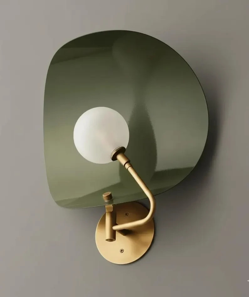 Modern Green Glass Wall Sconce, Brass Finish Wall Light, Mid Century Wall Lamp