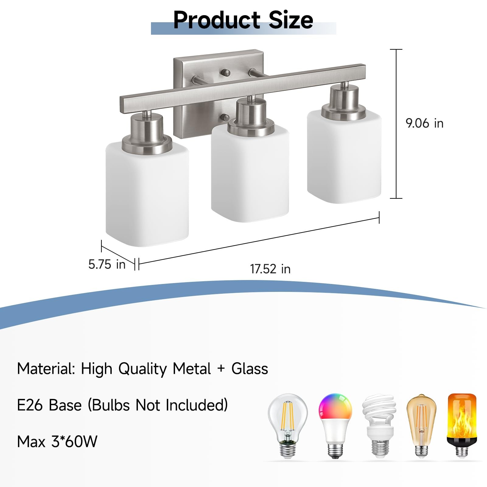 3-Light Bathroom Vanity Light,Brushed Nickel Vanity Lights with Square Froste…