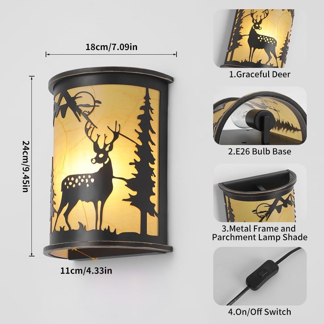 Rustic Deer Wall Sconces Set of 2 – Farmhouse Plug-In Light Fixtures