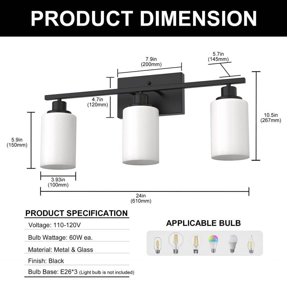 YANSUN 24 in. 3-Light Matte Black Bathroom Vanity Light with White Glass Shades