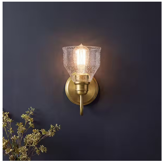 KICHLER Avery 1-Light Natural Brass Indoor Wall Sconce with Seeded Glass Shade