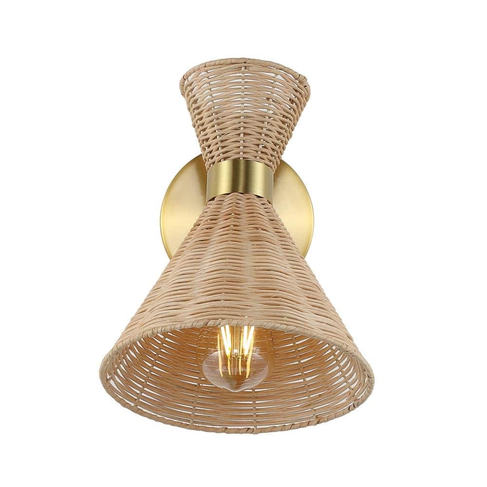 JONATHAN Y Zoey 10″ 1-Light Rattan Brass Wall Sconce Mid-Century Adjustable
