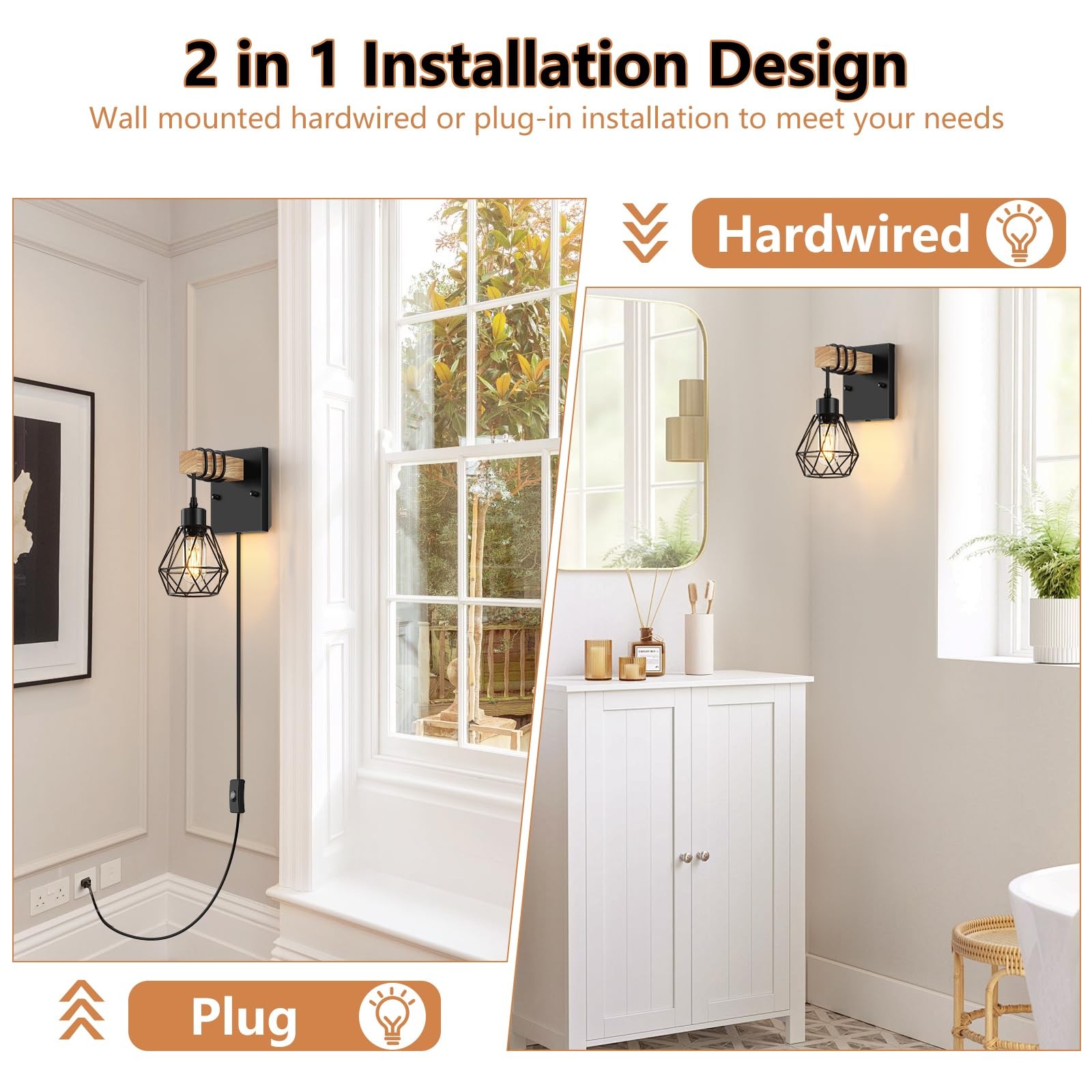 Plug in Wall Sconces Set of Two, Vintage Wood Wall Lamps with Plug in Cord, F…