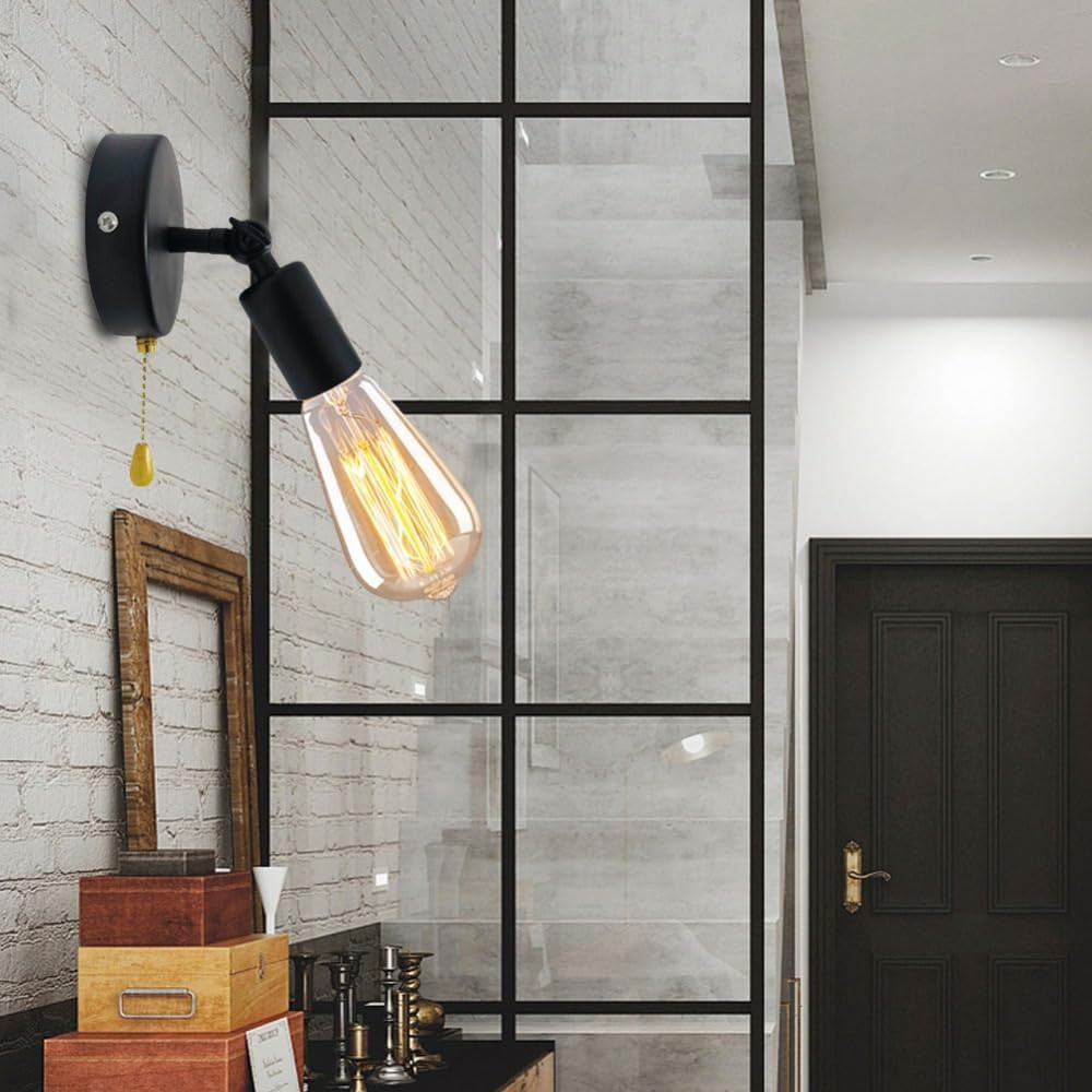 Adjustable Black Wall Lamp with Pull Chain for Bedroom and Office, Bulb Not Incl