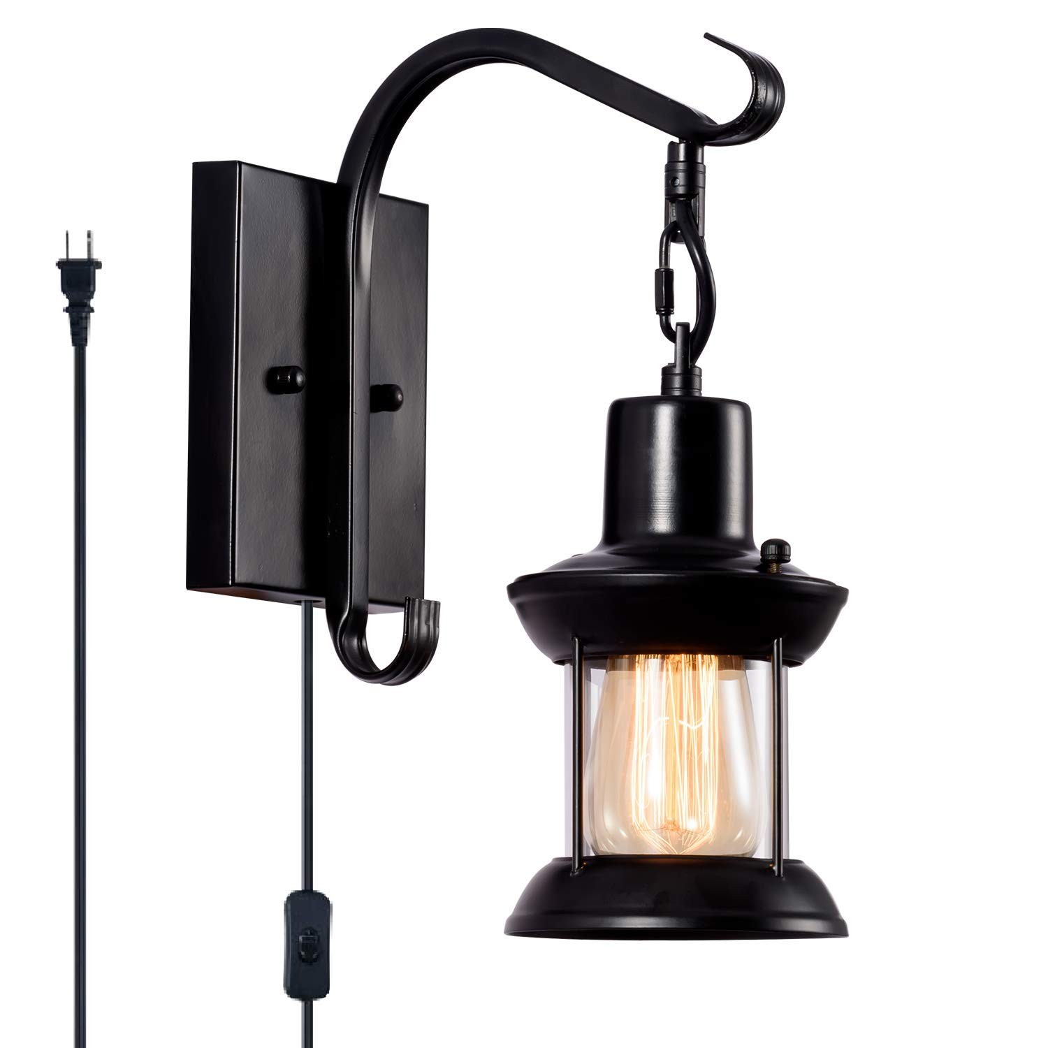 Vintage Wall Lamp, Plug in, Black Glass Shade, Industrial