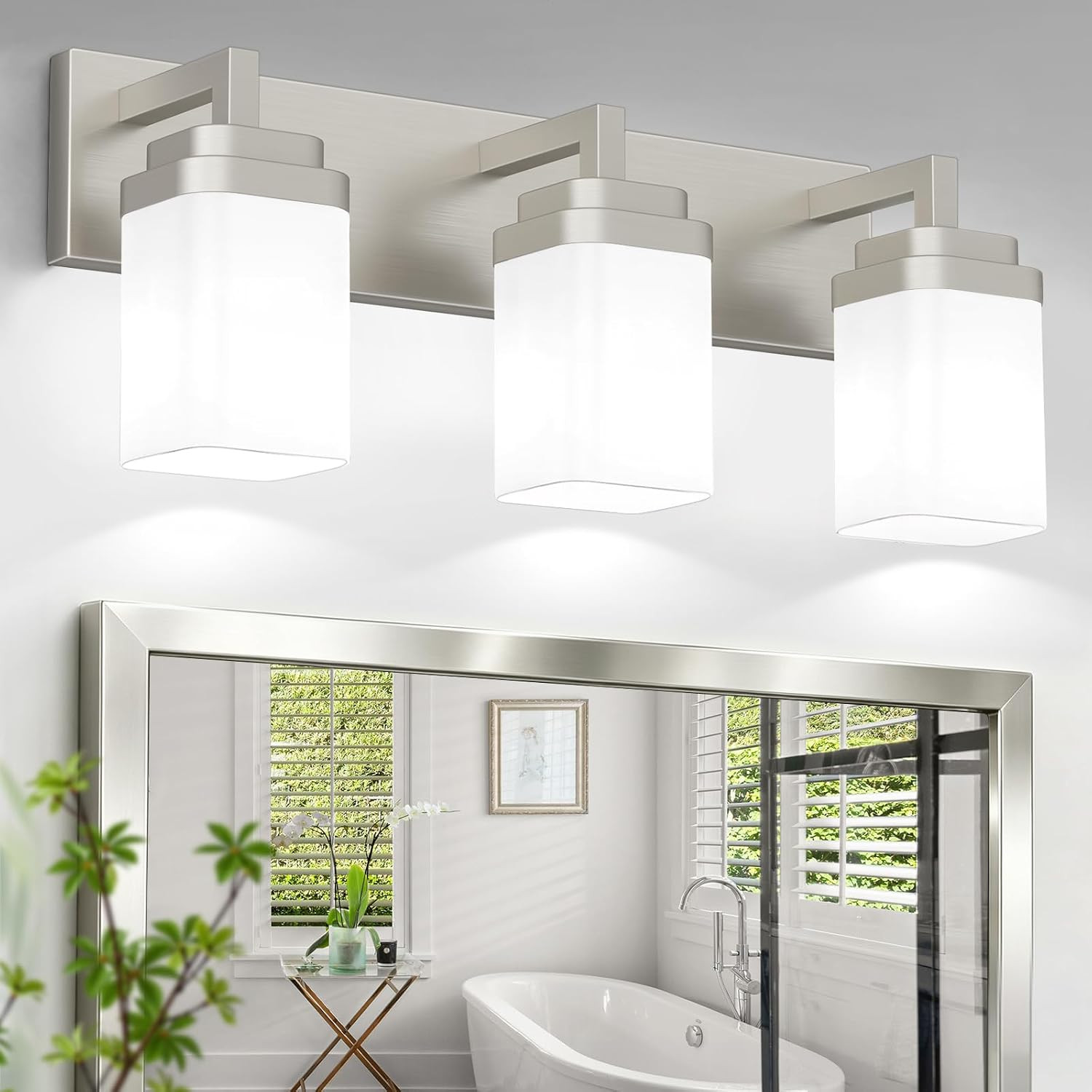 Brushed Nickel Bathroom Light Fixtures, Modern Vanity Lights with White Glass La