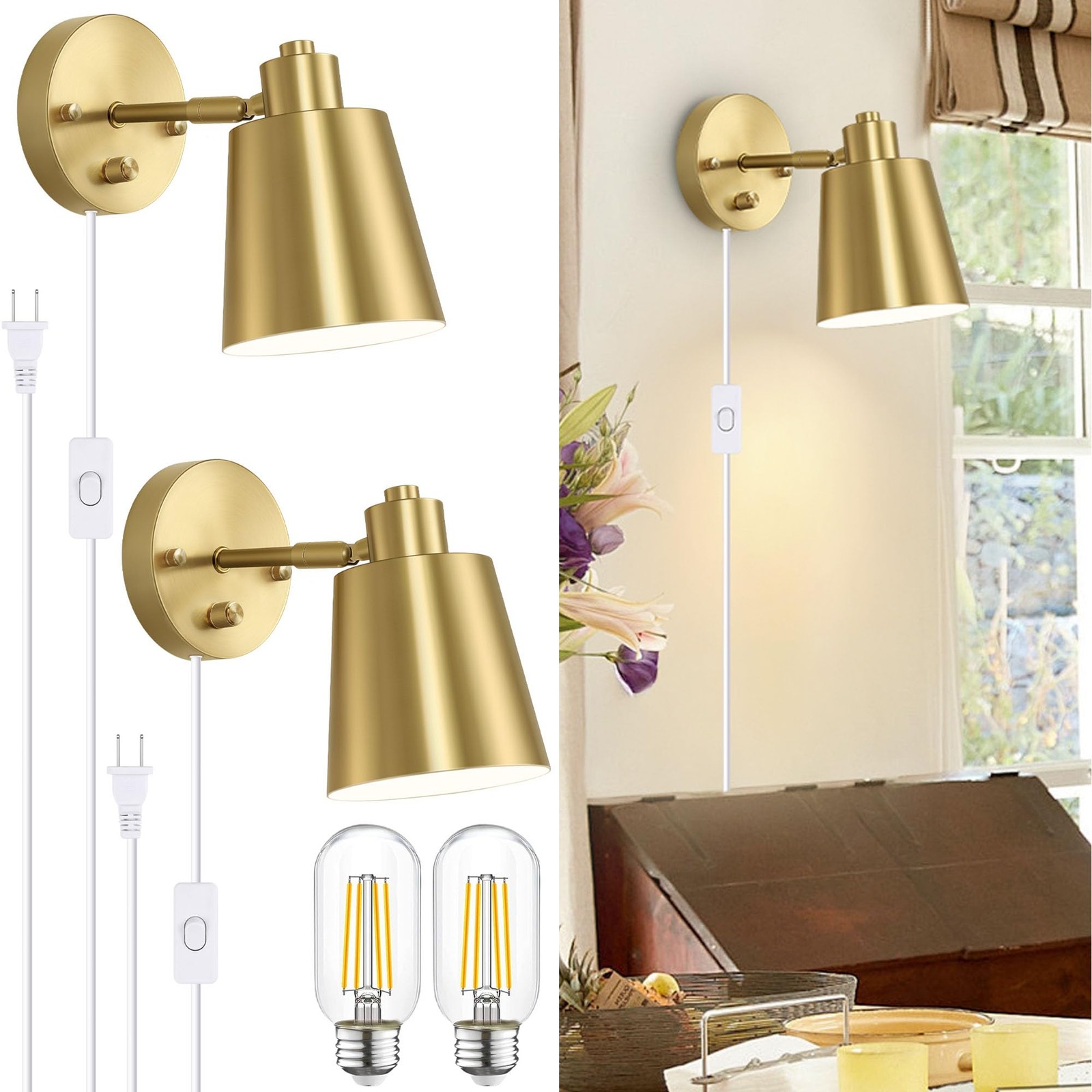 Dimmable Wall Sconces Plug In Adjustable Angle Cord Switch Gold 2 Bulbs Inc