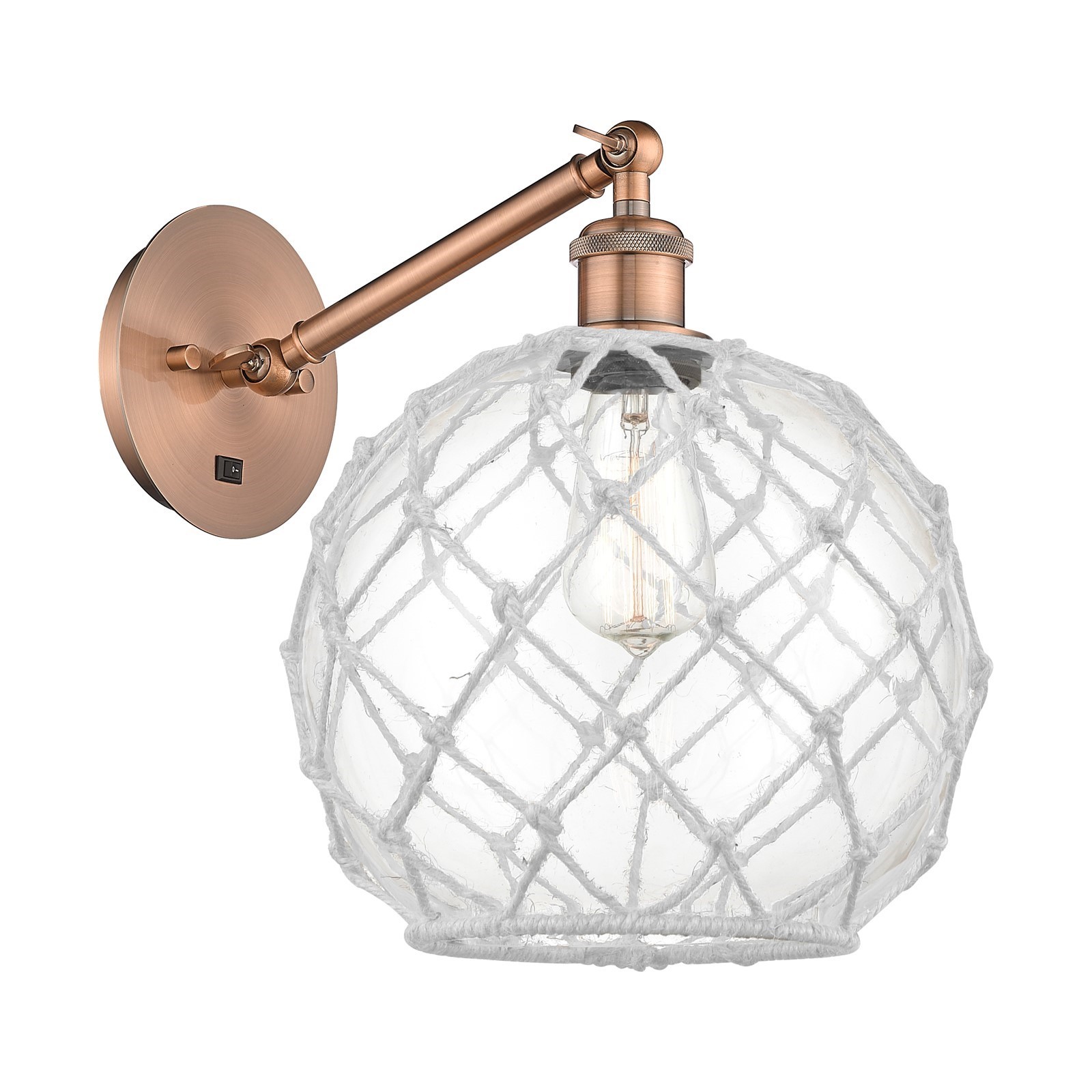 Innovations Farmhouse 1Lt 10″ Ant Copper/Clear/White Rope Adj Sconce – 317-1W-A