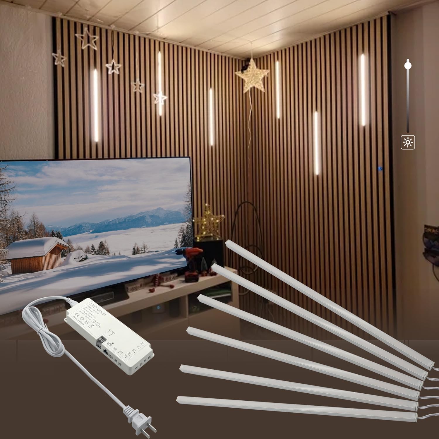 Wood Slat Wall Panels LED Recessed Lighting DC12V 6pcs 16in Self-Adhesive