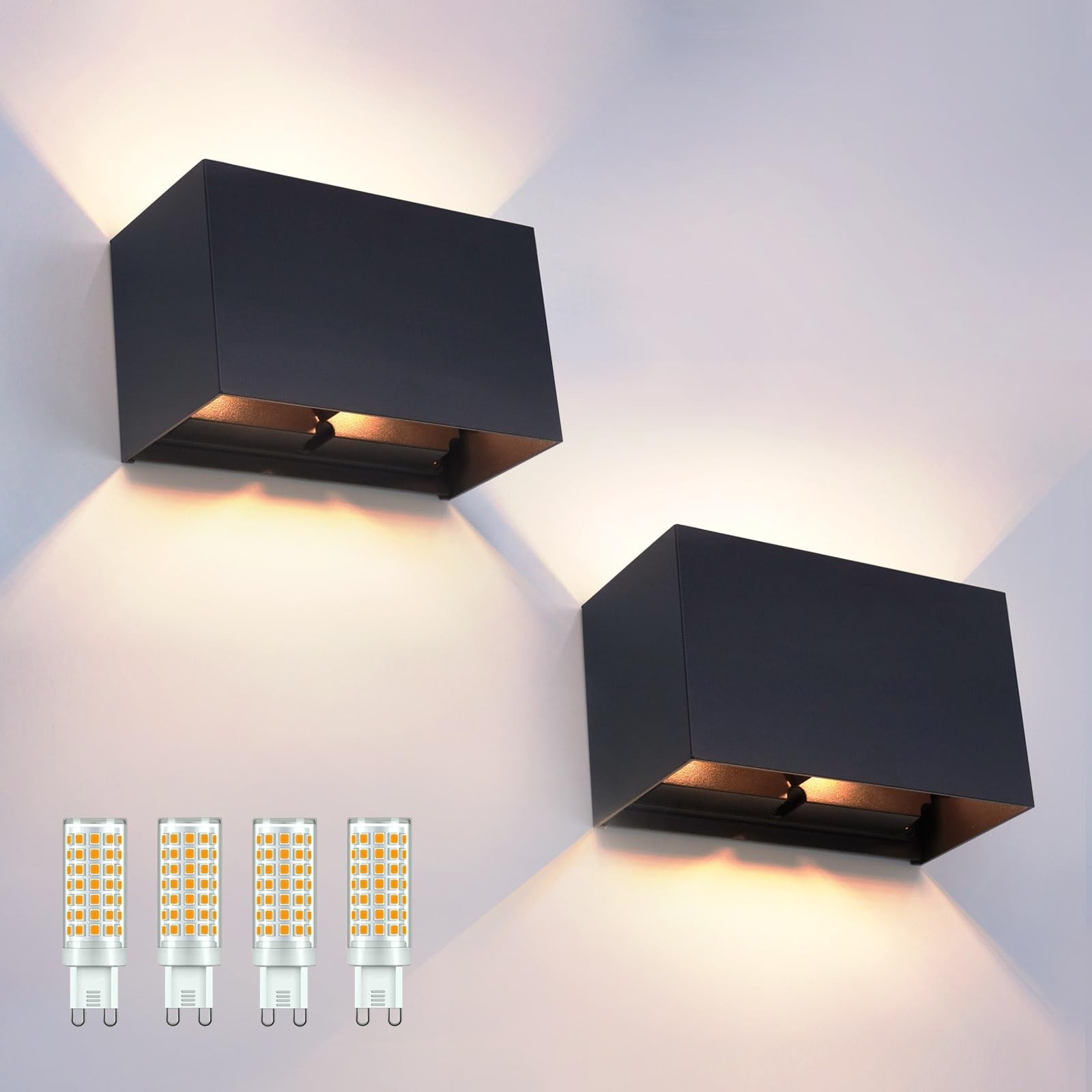 2 Pack Modern Wall Sconce 16W, Warm White 3000K, Indoor/Outdoor Black Wall Li…