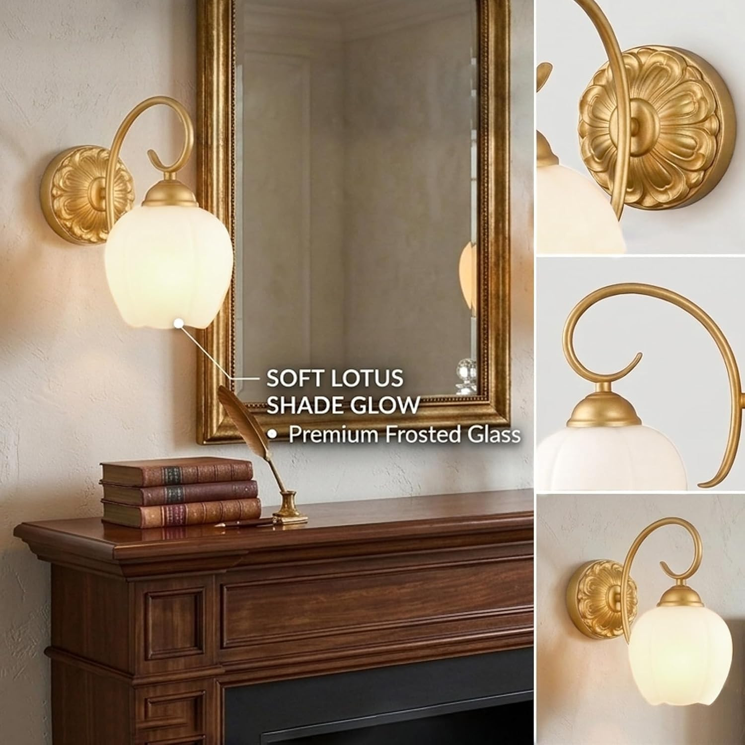 Gold Wall Sconces Set of 2, Vintage Bathroom Wall Sconces with Milky White Glass