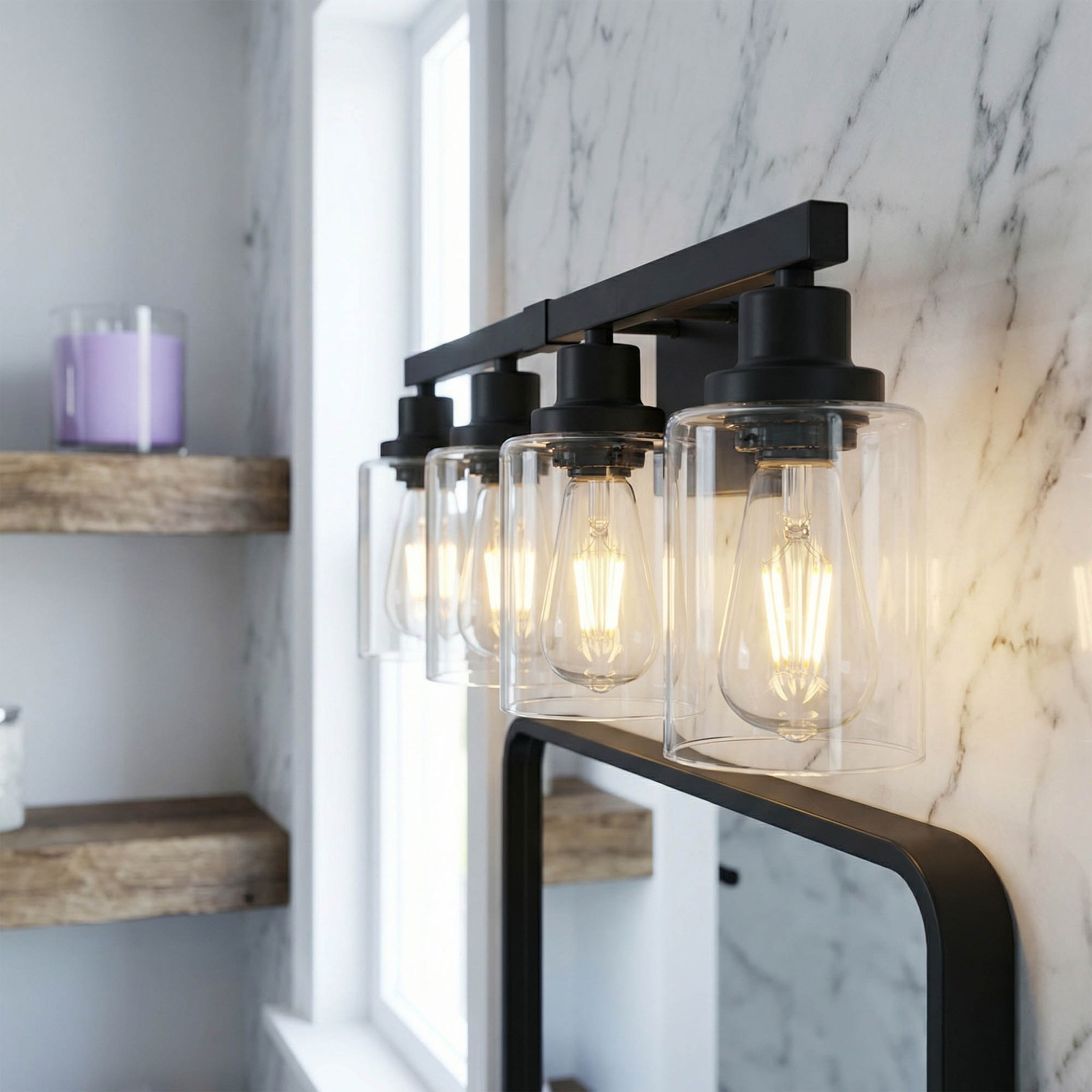 24″ Bathroom Mirror Vanity Light Modern Black 4 Lights Glass Wall Sconce Fixture