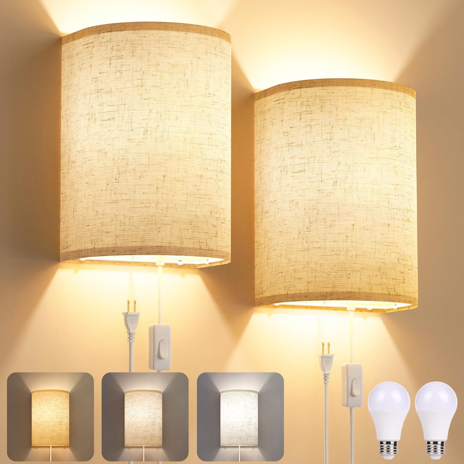 Set of 2 Plug-in Wall Sconces with On/Off Switch | Adjustable Color Temperature