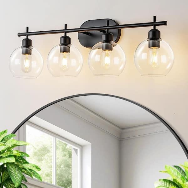 TinHon 29.5 in. 4-Light Matte Black Vanity Light with Clear Glass Globes