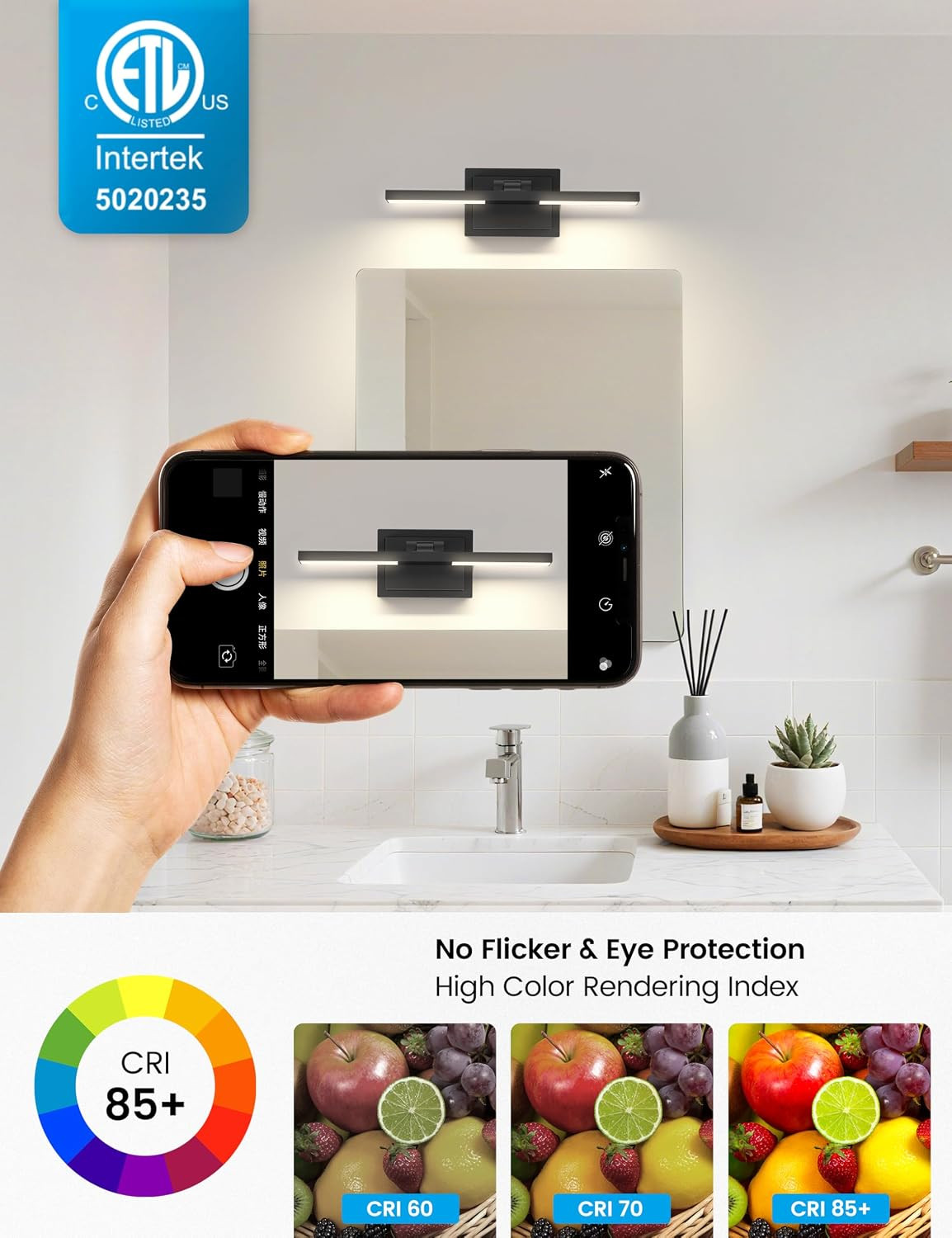 NIORSUN 15.7 Inch Modern Bathroom Light Fixture, 20W 5CCT Dimmable LED Black Bat
