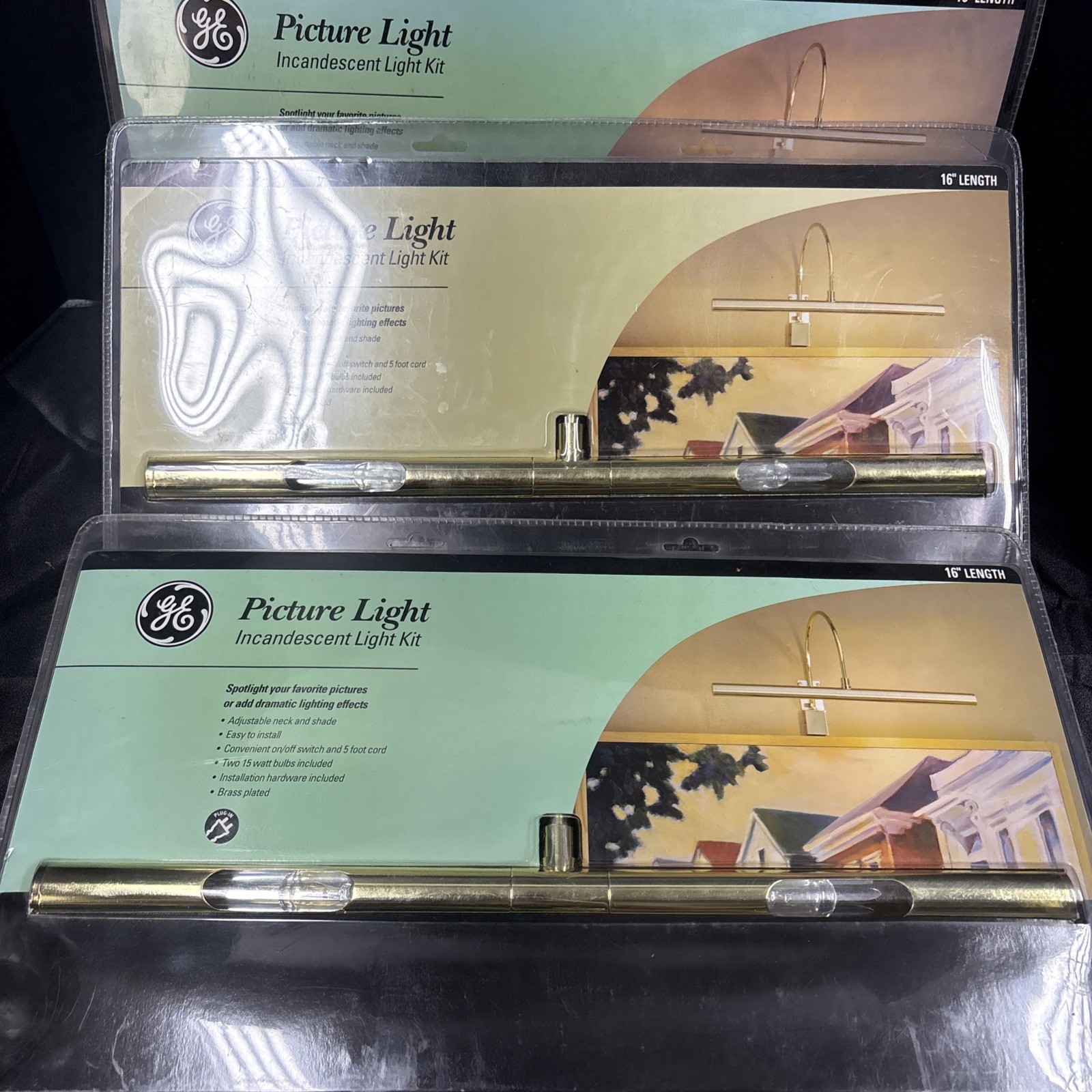 GE 16in Brass Picture Light T5 15W 120V Corded Adjustable Wall lot of 3