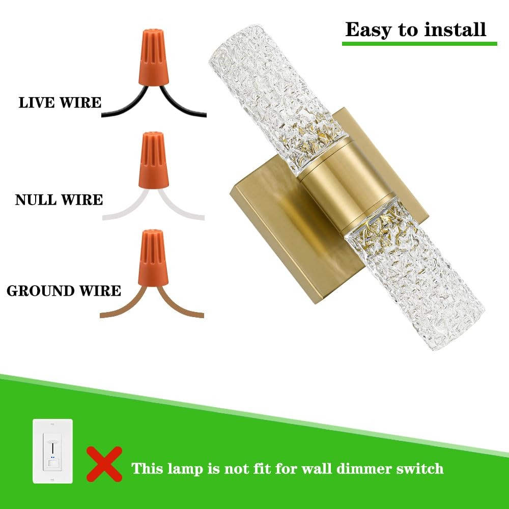 Ditoon Crystal LED Wall Sconces Set 2, Brushed Gold Bathroom Light Fixtures