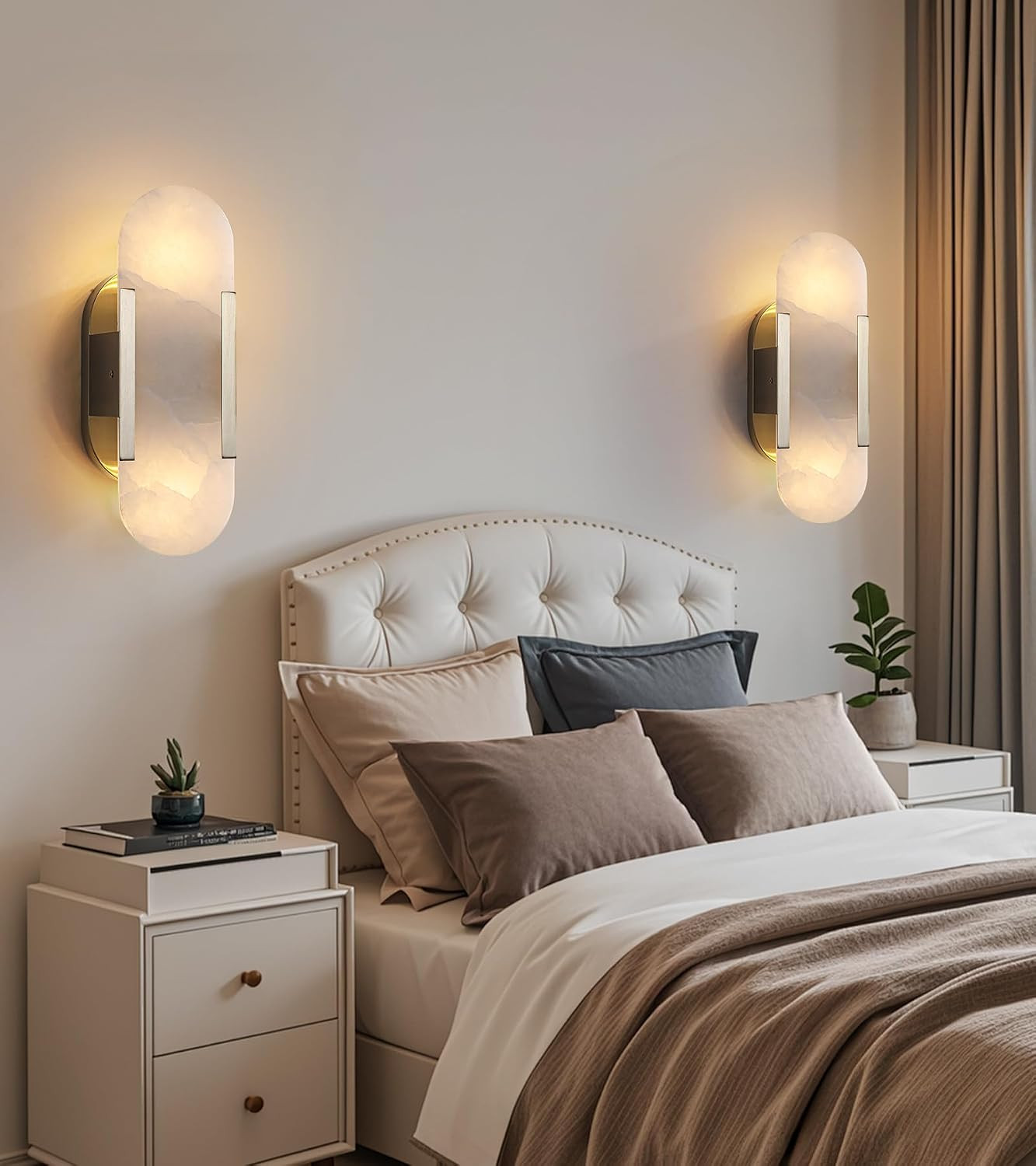 Modern Alabaster Wall Sconces Set of 2 Brass Lights for Home Decor
