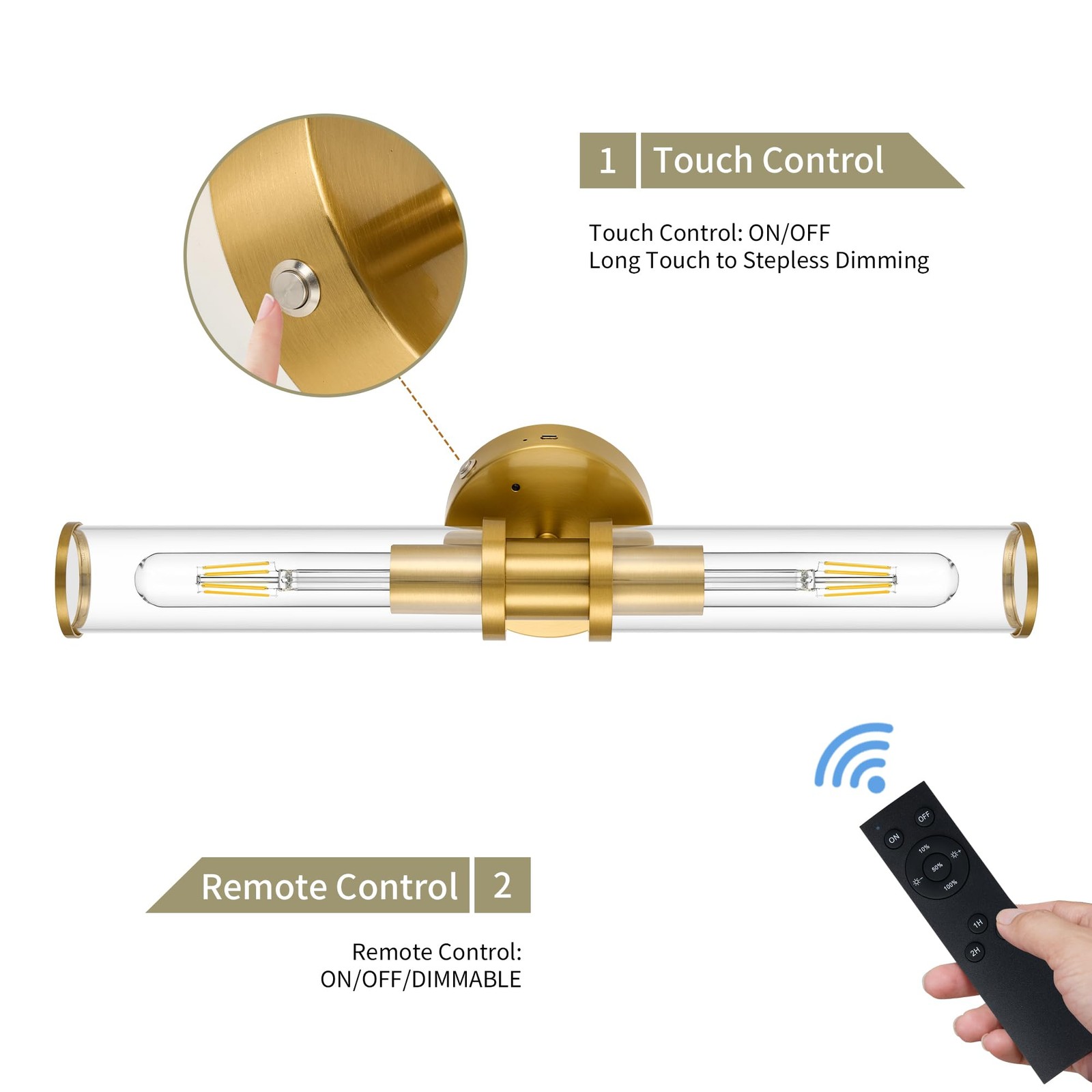 8000mAh Wireless Wall Sconces with 2 Pack, Gold(Clear Tubular Lampshade)