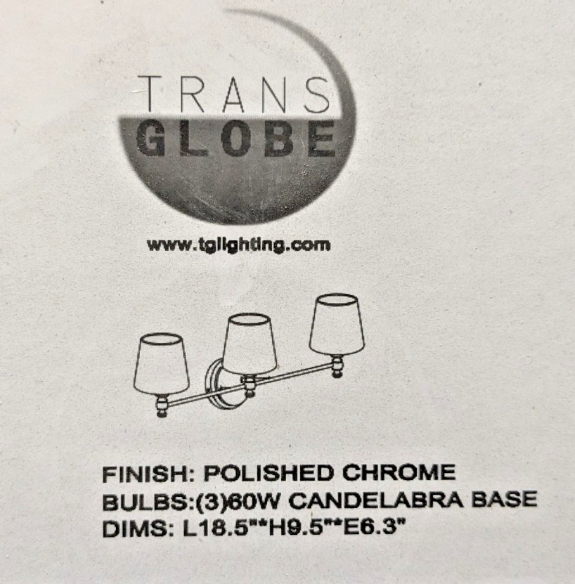 TRANS GLOBE 3-LAMP WALL SCONCE VANITY LIGHT FIXTURE POLISHED CHROME CREAM SHADE