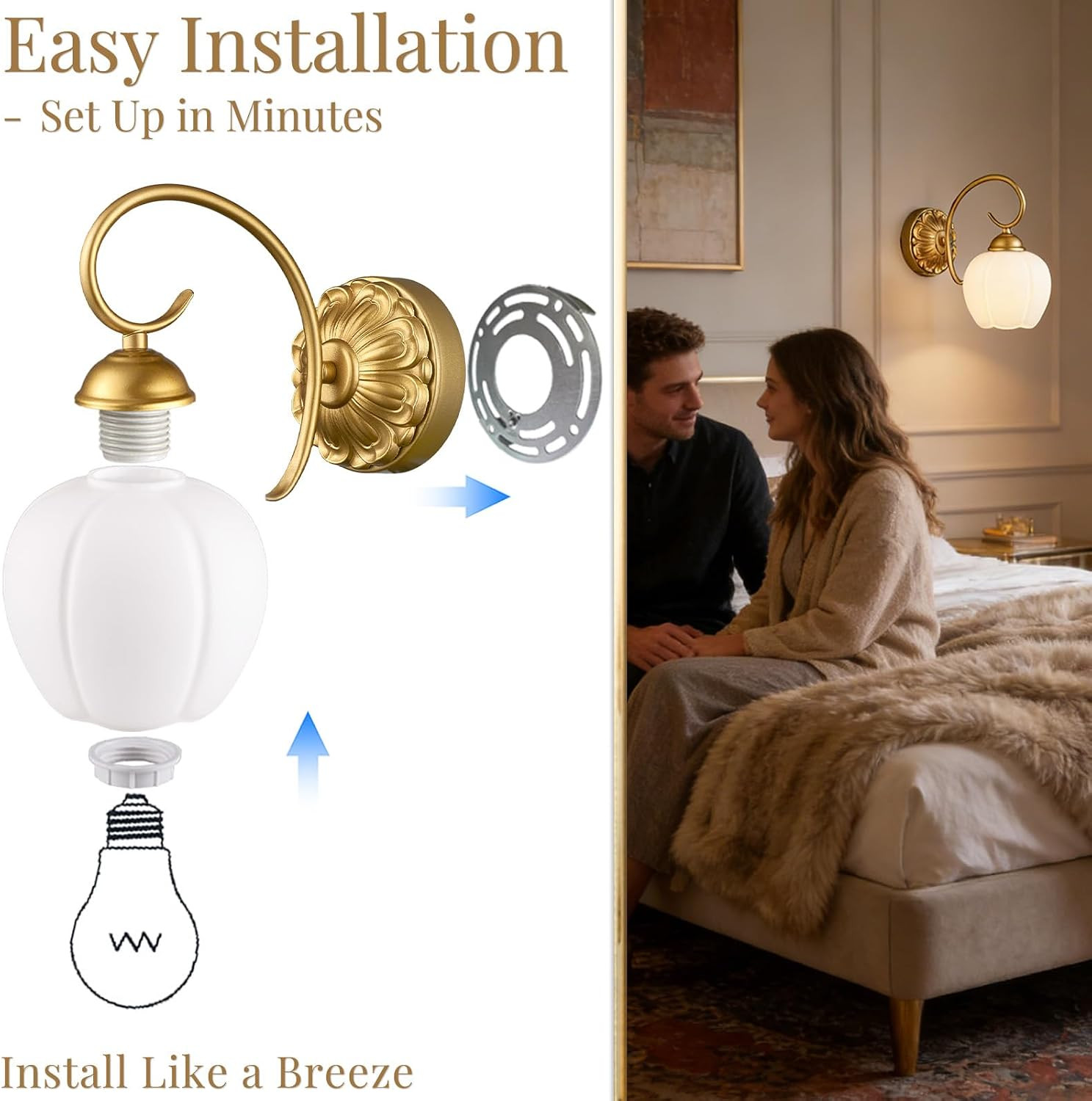Gold Wall Sconces Set of 2, Vintage Bathroom Wall Sconces with Milky White Glass