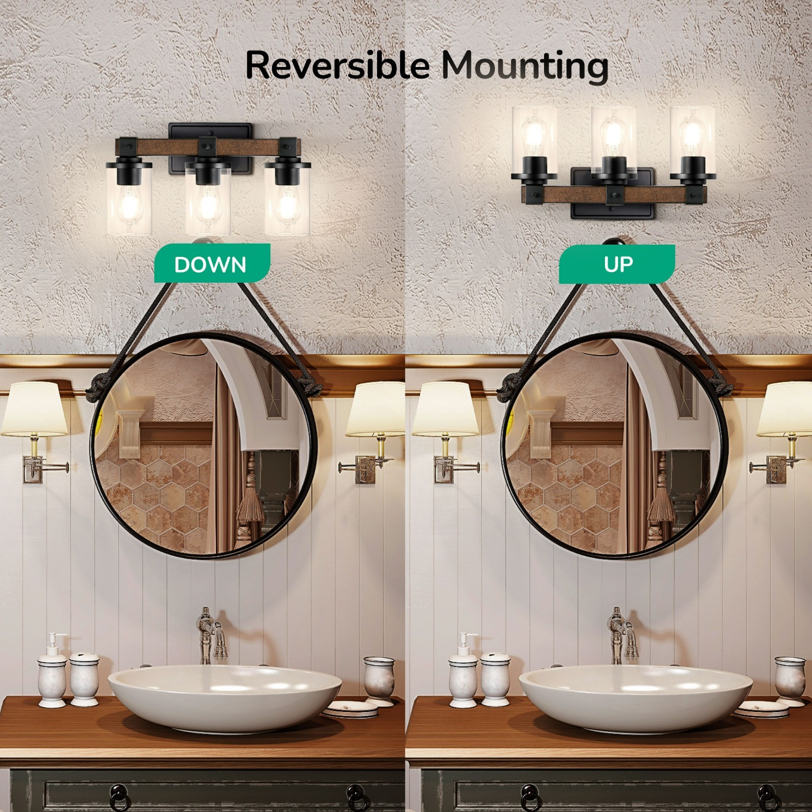 EDISHINE Farmhouse Vanity Lights for Bathroom 3-Light Bathroom Vanity Lights E26