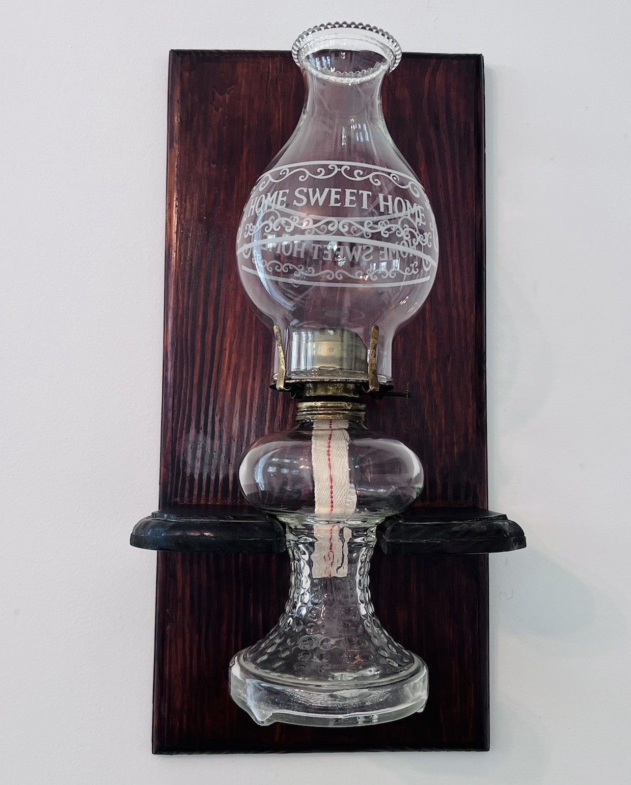 Vintage Wall-Mounted Oil Lamp Sconce | Etched Glass & Wood | Primitive Lighting