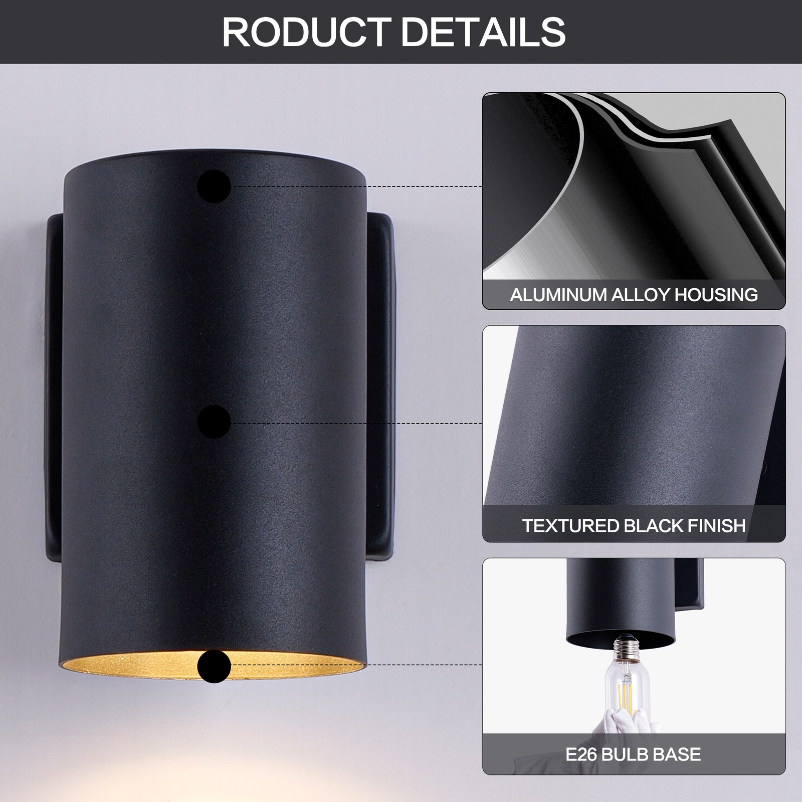 2 Pack 7» Outdoor LED Wall Light Modern Black Porch Sconce Mount Metal Fixture