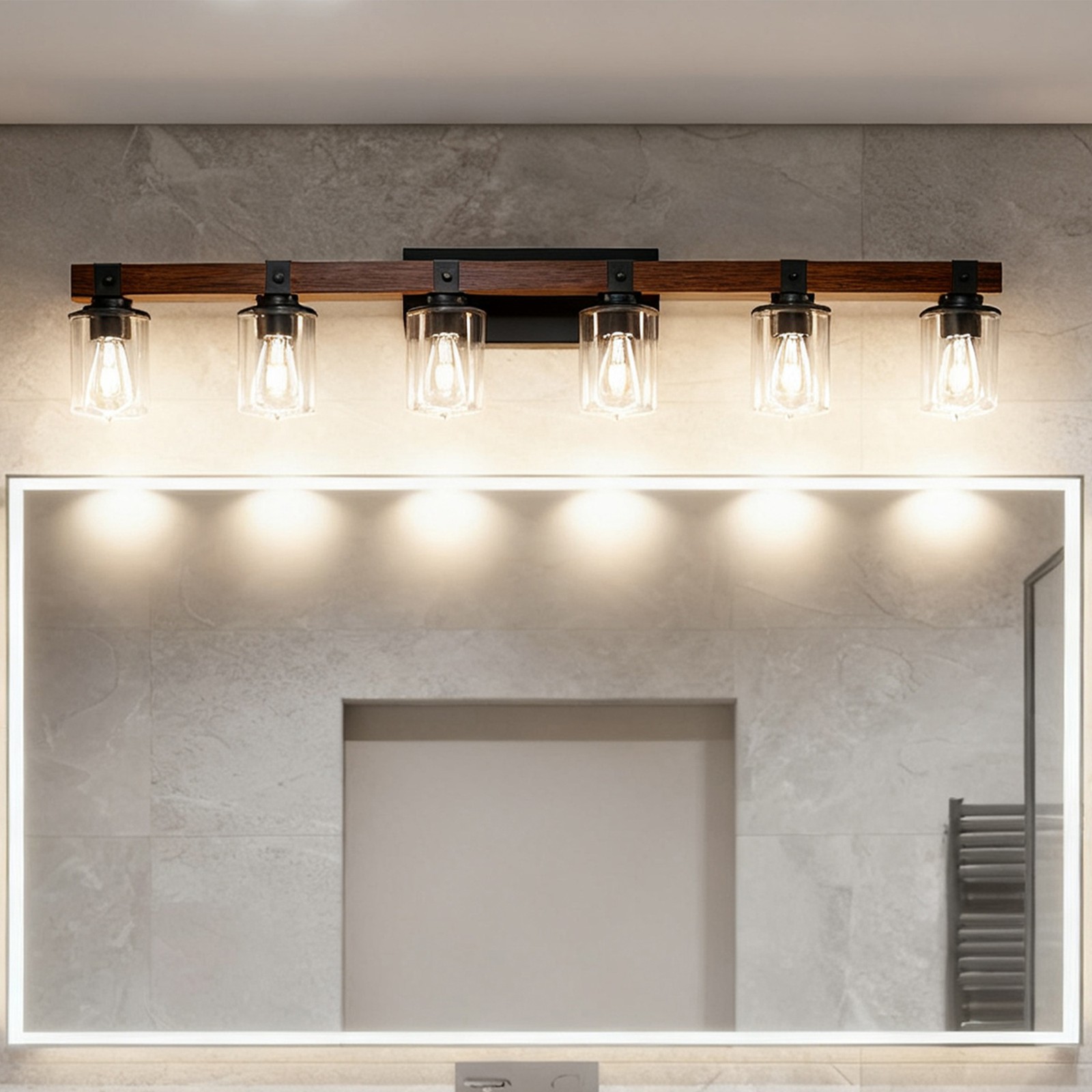 Wood Vanity Light 42 In Wall Sconce 6 Lights LED Clear Glass Bathroom Farmhouse