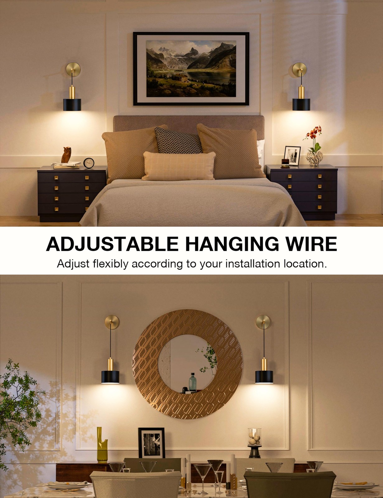 Battery Operated Wall Sconce Set of 2, Gold & Black Wireless Rechargeable Wal…
