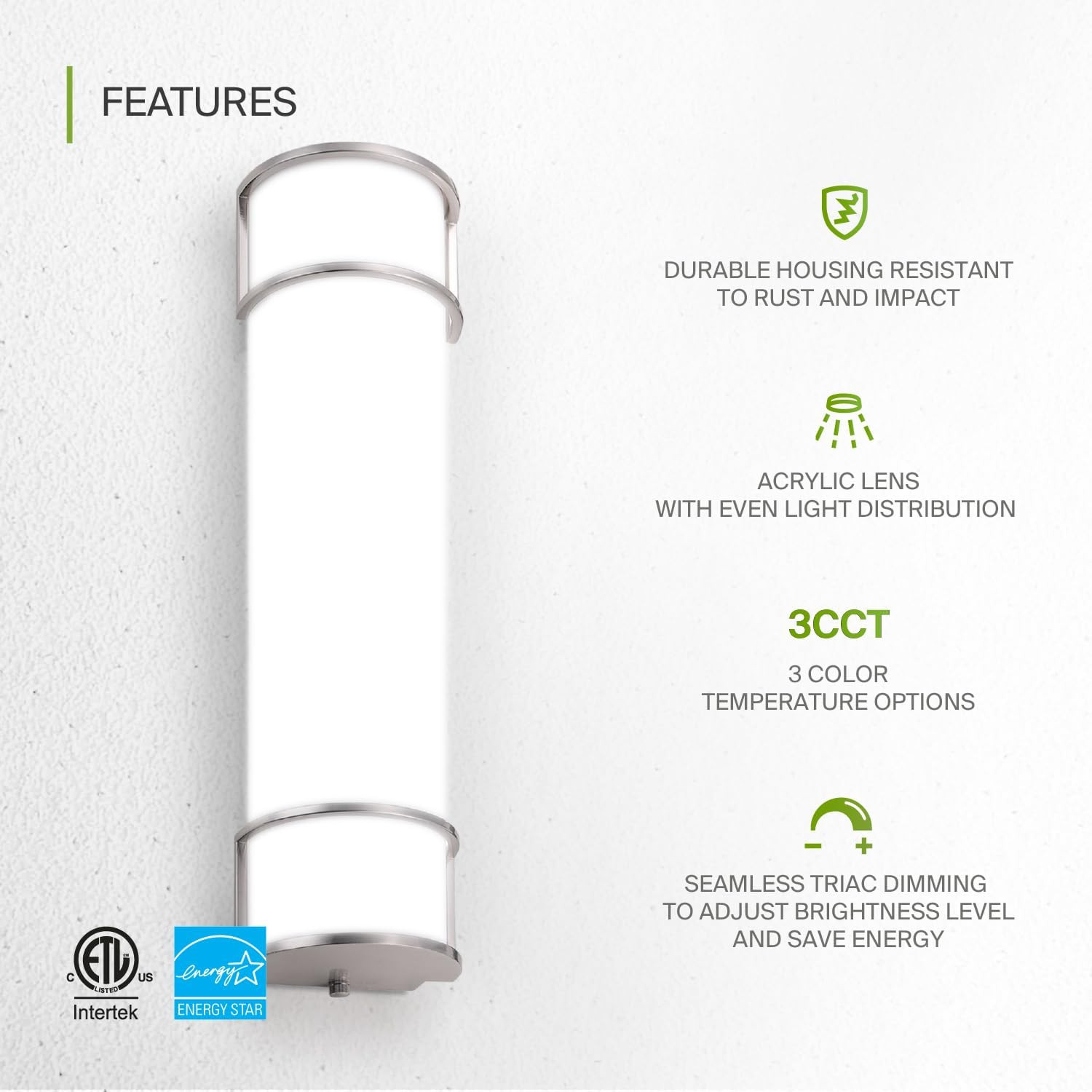 LED 24″ Vanity Flush Mount Light Fixture, Linear Bathroom Lighting Bar | 3CCT, D