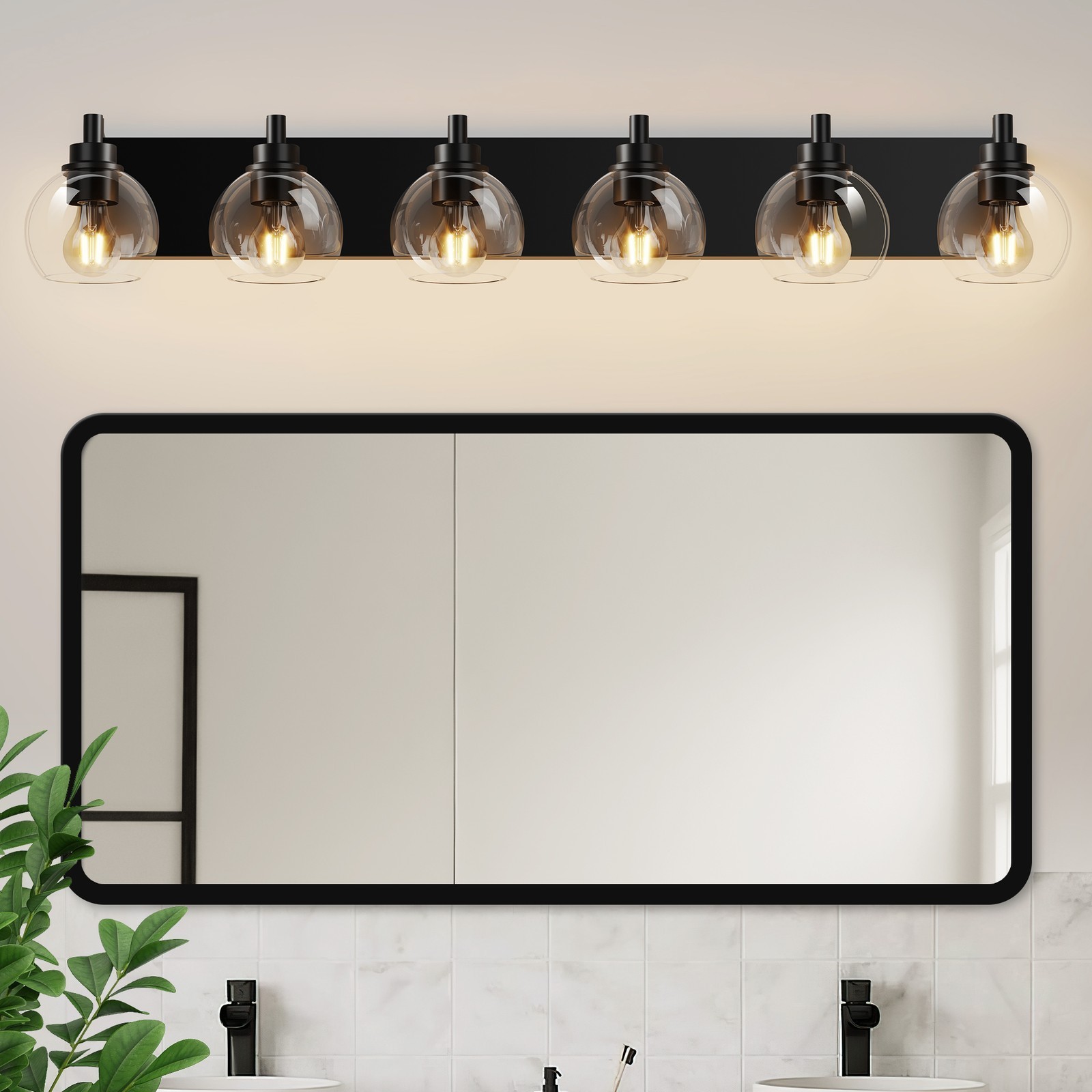 LED 6 Lights Glass Shade Vanity Light Fixture Bathroom Wall Mirror Black 41 in
