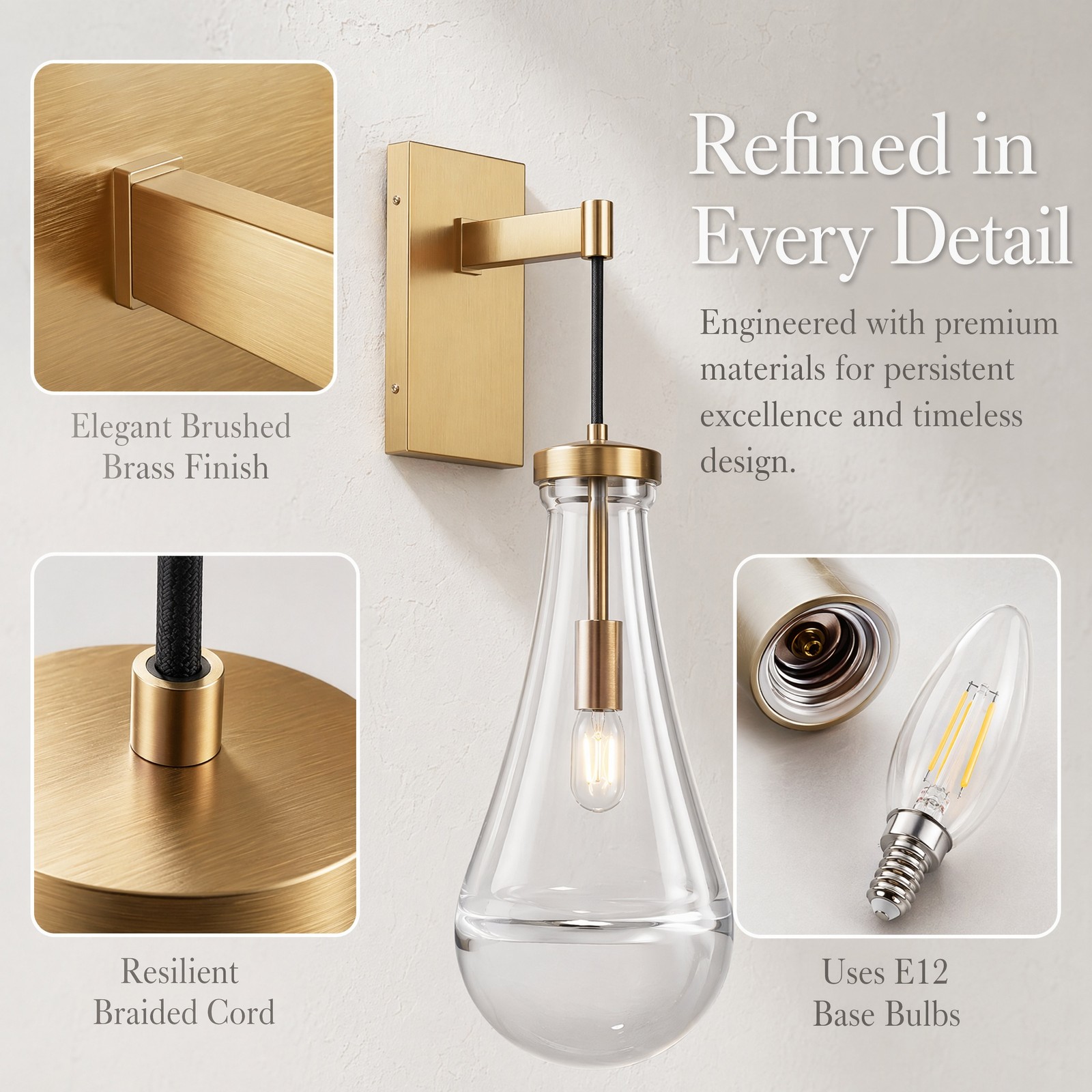 2 Pack 18» LED Wall Light Indoor Raindrop Glass Dimmable Sconce Gold Fixture